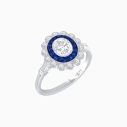 Vintage Inspired Oval French-Cut Double Halo Floral Ring - Shahin Jewelry